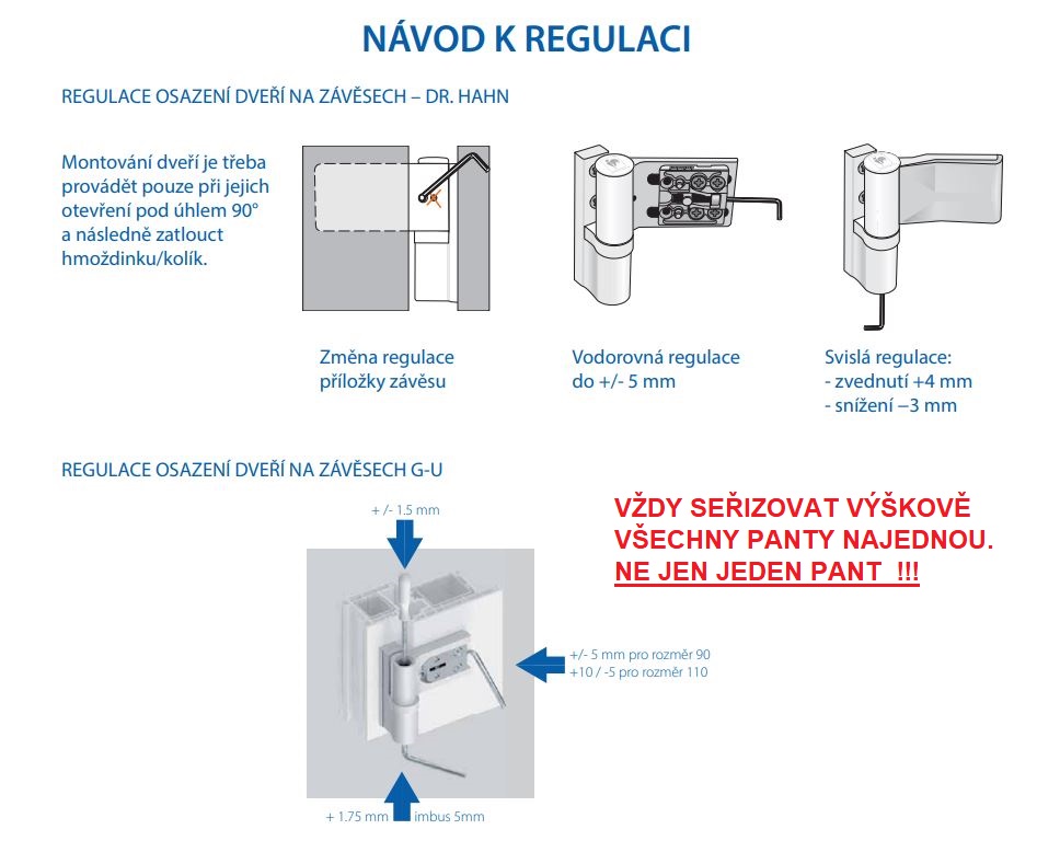 Schéma seřízení závěsů vchodových dveří