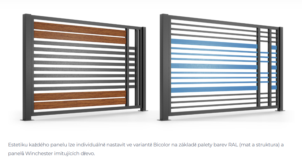Ukázka hliníkového oplocení ve dvoubarevném provedení Bicolor a s panely Winchester