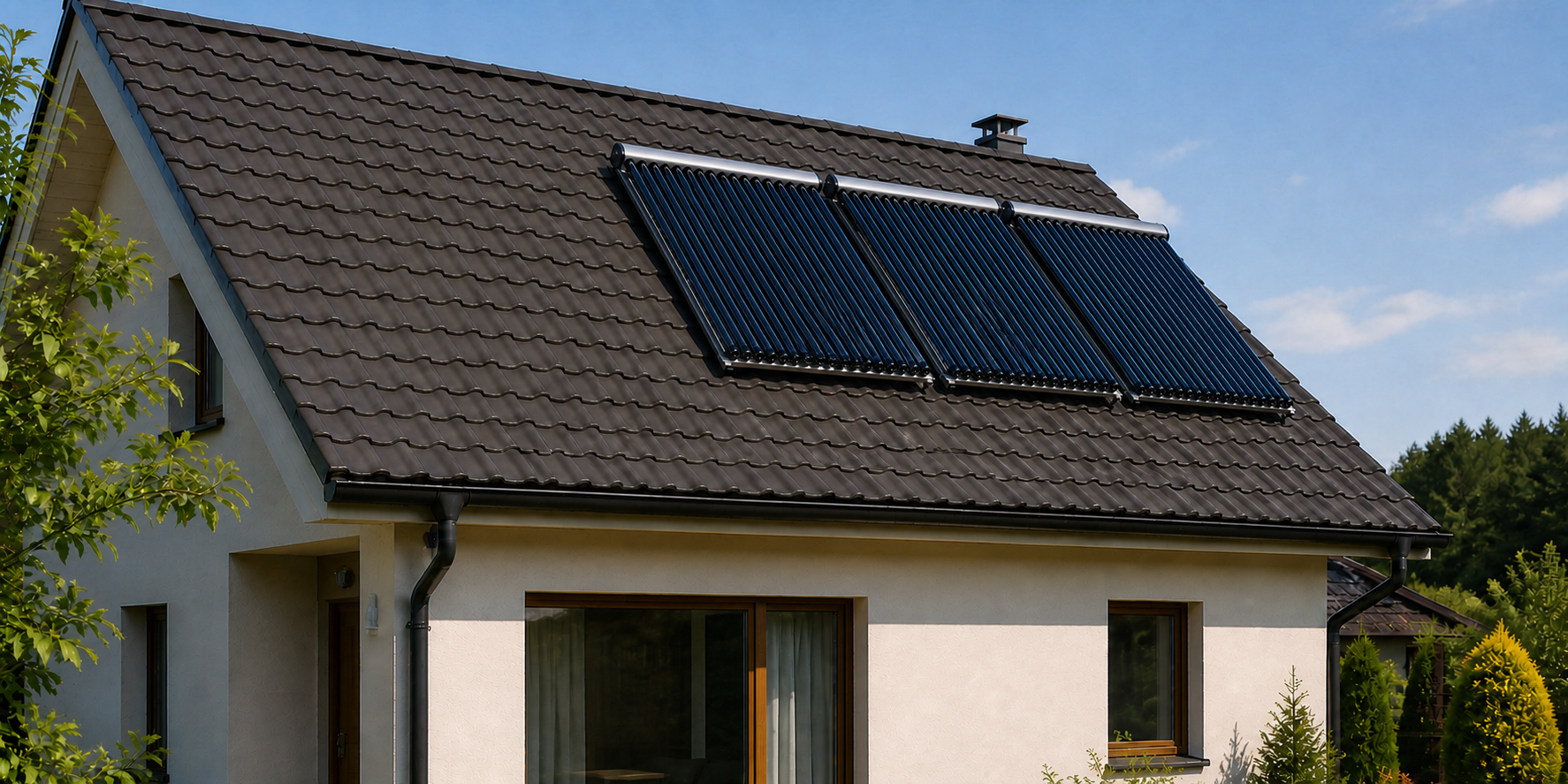 Tři sestavy vakuových trubicových solárních kolektorů bez nádrže na střeše rodinného domu